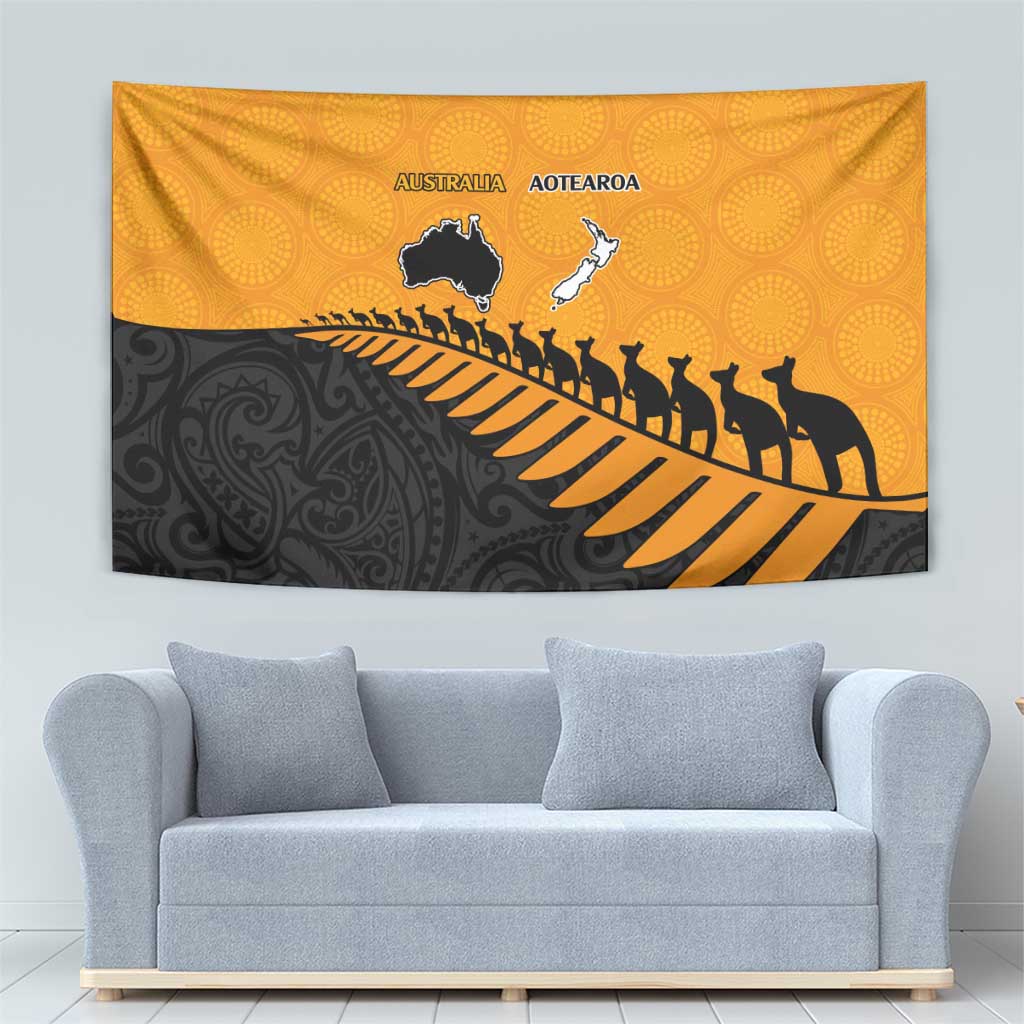 Australia New Zealand Rugby Tapestry Gold Aboriginal Wallabies and Maori Black Fern - Polynesian Pride