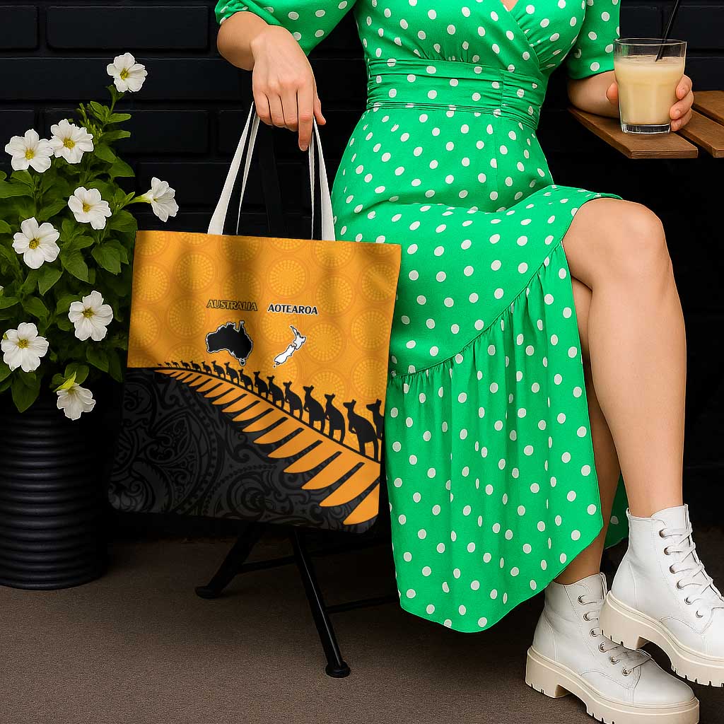 Australia New Zealand Rugby Tote Bag Gold Aboriginal Wallabies and Maori Black Fern - Polynesian Pride