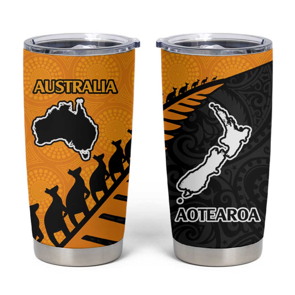 Australia New Zealand Rugby Tumbler Cup Gold Aboriginal Wallabies and Maori Black Fern - Polynesian Pride