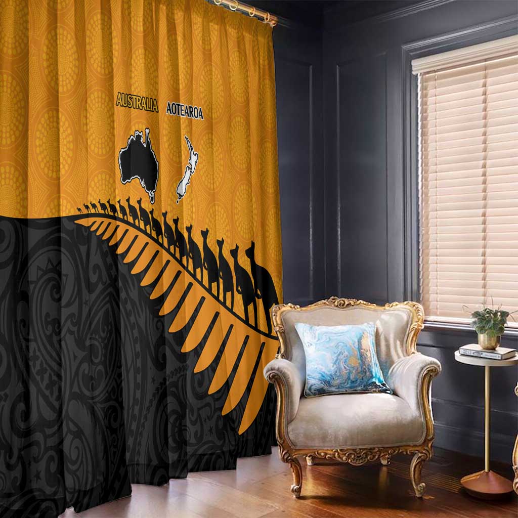 Australia New Zealand Rugby Window Curtain Gold Aboriginal Wallabies and Maori Black Fern - Polynesian Pride