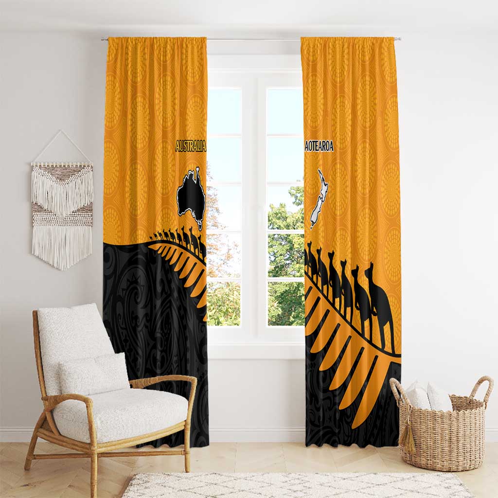 Australia New Zealand Rugby Window Curtain Gold Aboriginal Wallabies and Maori Black Fern - Polynesian Pride