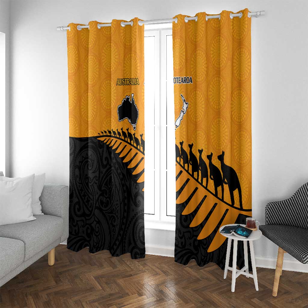 Australia New Zealand Rugby Window Curtain Gold Aboriginal Wallabies and Maori Black Fern - Polynesian Pride
