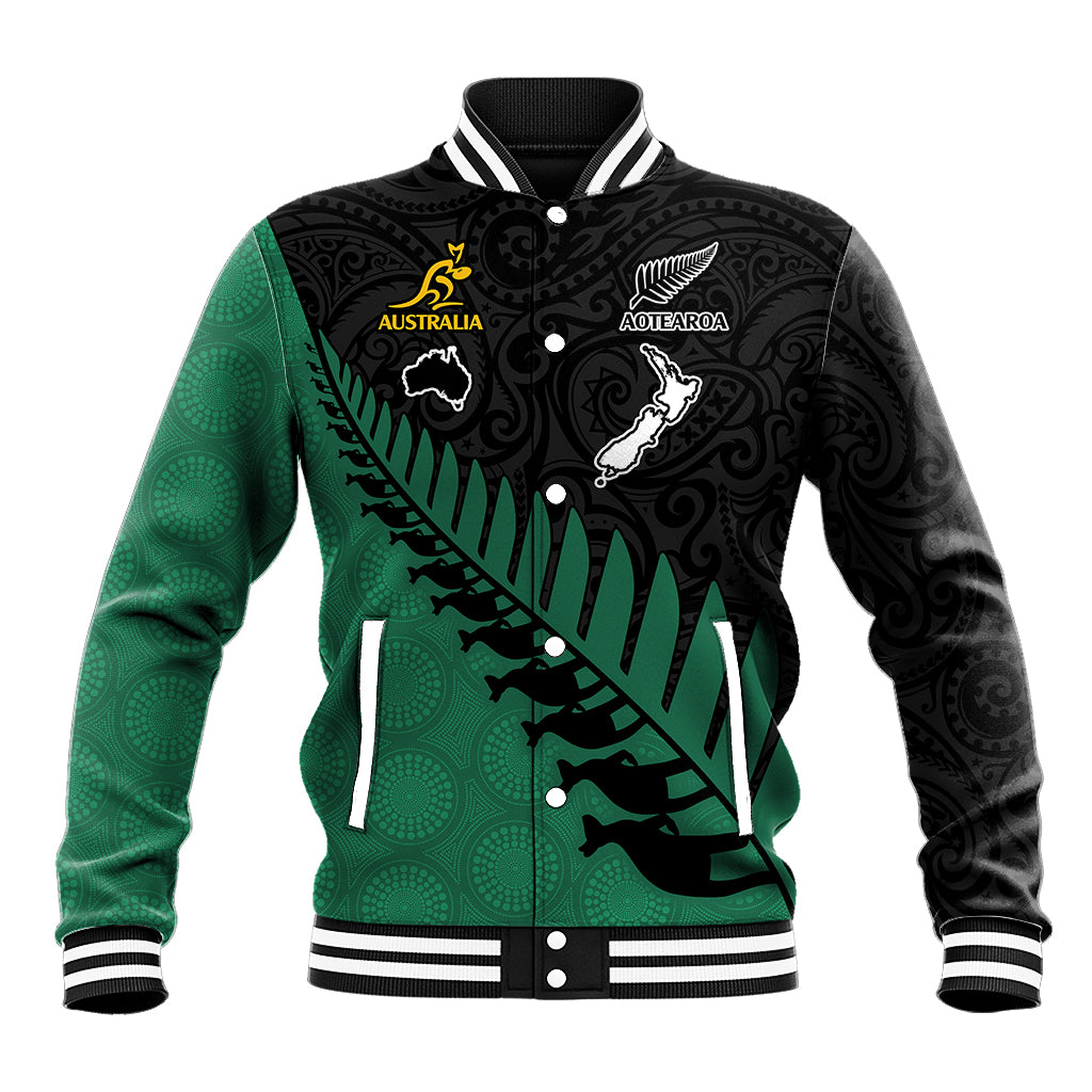 Australia Wallabies and Aotearoa Rugby Baseball Jacket Kangaroo Black Fern Maori Green Vibe LT9 Unisex Green - Polynesian Pride