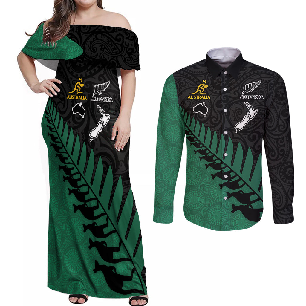 Australia Wallabies and Aotearoa Rugby Couples Matching Off Shoulder Maxi Dress and Long Sleeve Button Shirts Kangaroo Black Fern Maori Green Vibe LT9 Green - Polynesian Pride