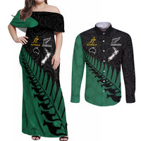 Australia Wallabies and Aotearoa Rugby Couples Matching Off Shoulder Maxi Dress and Long Sleeve Button Shirts Kangaroo Black Fern Maori Green Vibe LT9 Green - Polynesian Pride