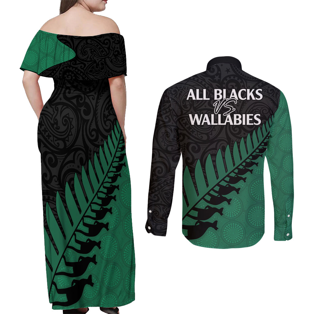Australia Wallabies and Aotearoa Rugby Couples Matching Off Shoulder Maxi Dress and Long Sleeve Button Shirts Kangaroo Black Fern Maori Green Vibe LT9 - Polynesian Pride