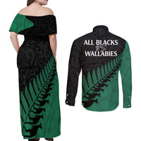 Australia Wallabies and Aotearoa Rugby Couples Matching Off Shoulder Maxi Dress and Long Sleeve Button Shirts Kangaroo Black Fern Maori Green Vibe LT9 - Polynesian Pride
