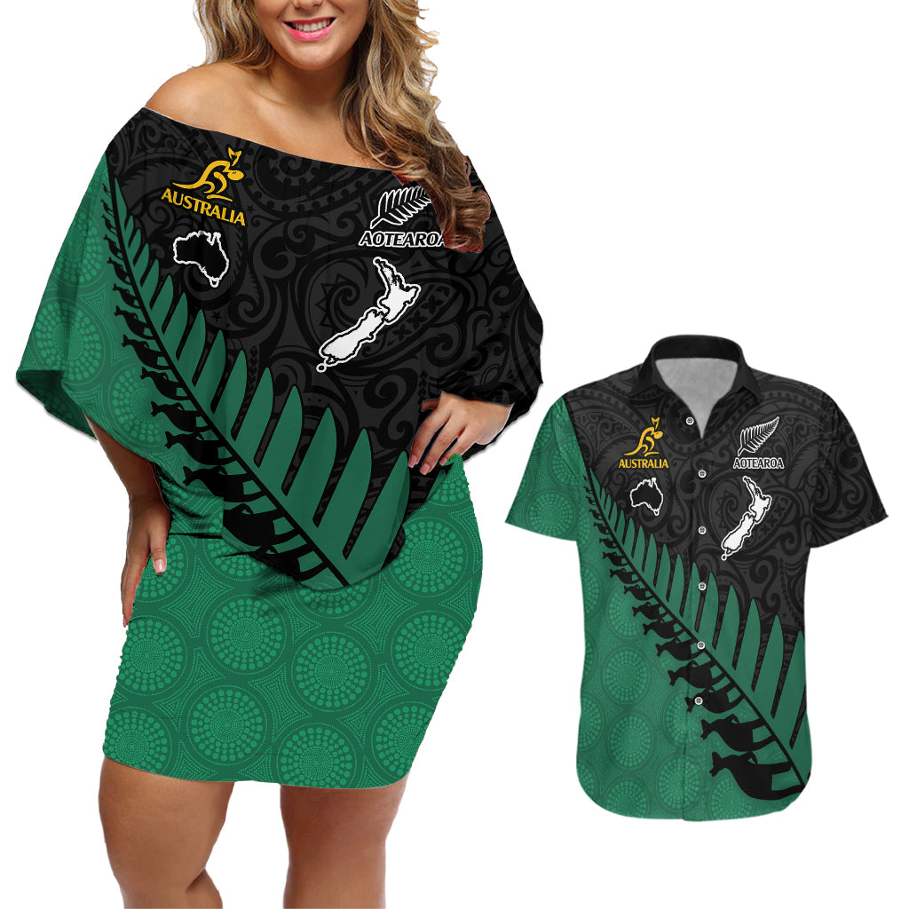 Australia Wallabies and Aotearoa Rugby Couples Matching Off Shoulder Short Dress and Hawaiian Shirt Kangaroo Black Fern Maori Green Vibe LT9 Green - Polynesian Pride
