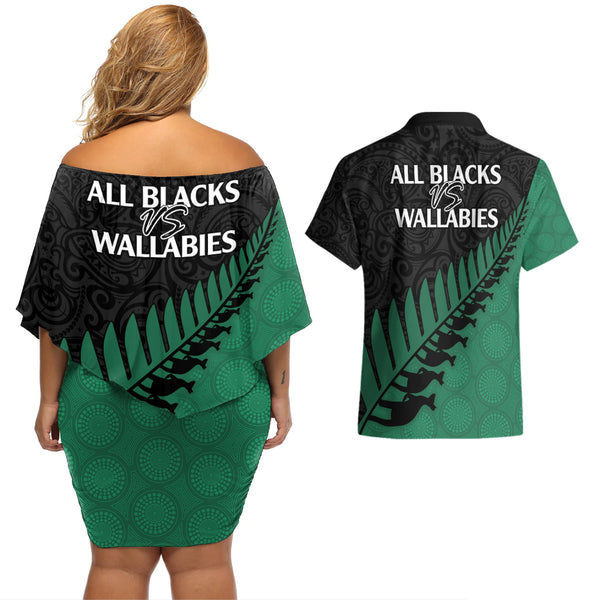 Australia Wallabies and Aotearoa Rugby Couples Matching Summer Maxi Dress and Long Sleeve Button Shirts Kangaroo Black Fern Maori Green Vibe LT9 main image 0