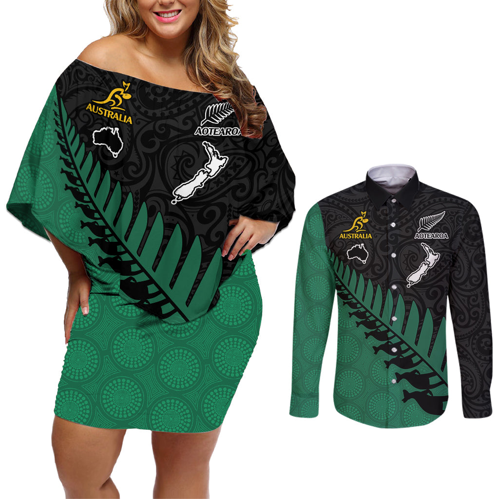 Australia Wallabies and Aotearoa Rugby Couples Matching Off Shoulder Short Dress and Long Sleeve Button Shirts Kangaroo Black Fern Maori Green Vibe LT9 Green - Polynesian Pride