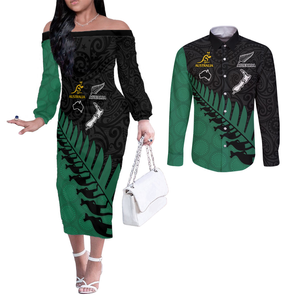 Australia Wallabies and Aotearoa Rugby Couples Matching Off The Shoulder Long Sleeve Dress and Long Sleeve Button Shirts Kangaroo Black Fern Maori Green Vibe LT9 Green - Polynesian Pride