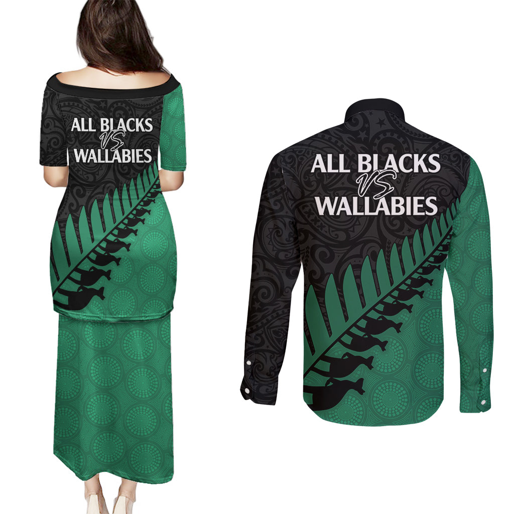 Australia Wallabies and Aotearoa Rugby Couples Matching Puletasi Dress and Long Sleeve Button Shirts Kangaroo Black Fern Maori Green Vibe LT9 - Polynesian Pride