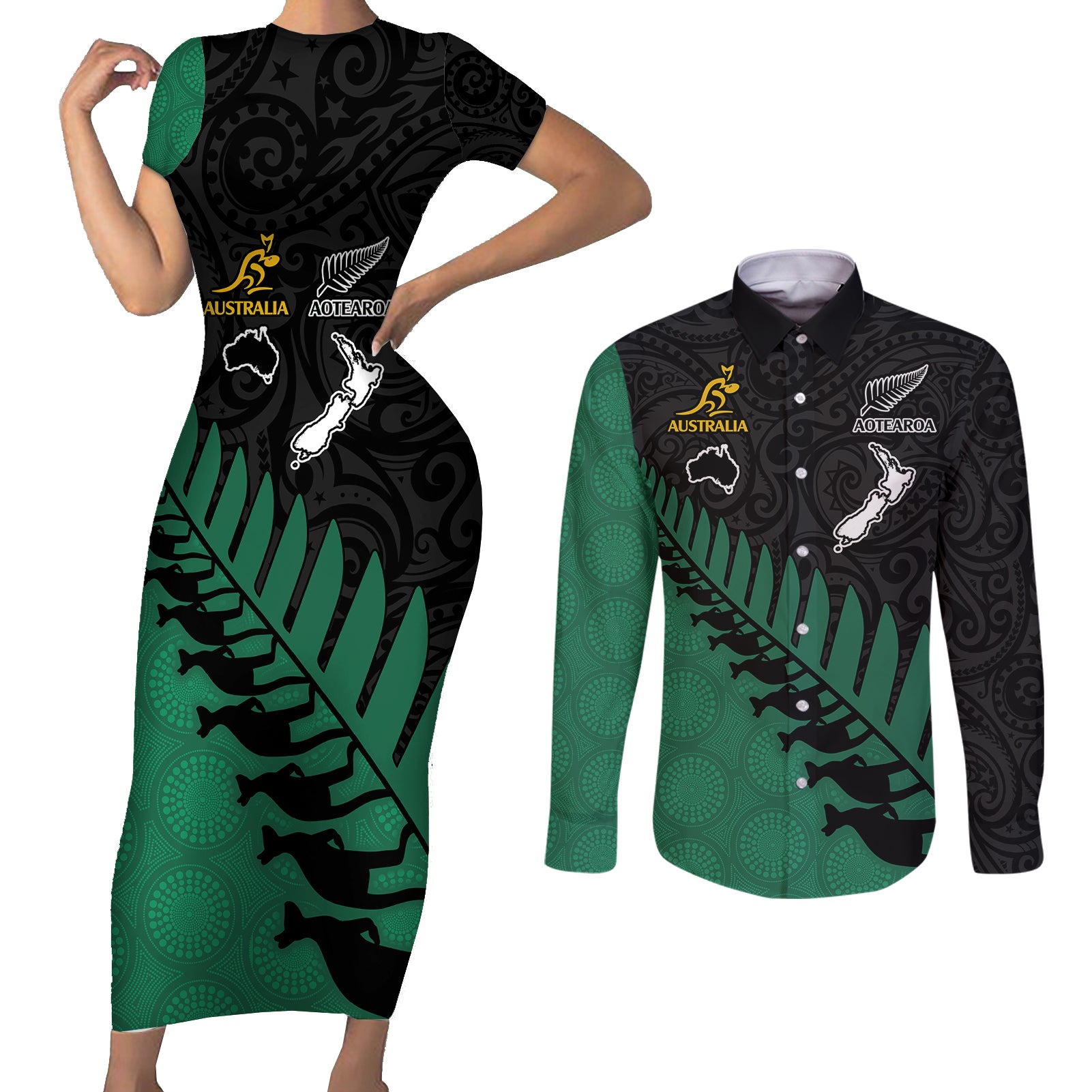 Australia Wallabies and Aotearoa Rugby Couples Matching Short Sleeve Bodycon Dress and Long Sleeve Button Shirts Kangaroo Black Fern Maori Green Vibe LT9 Green - Polynesian Pride