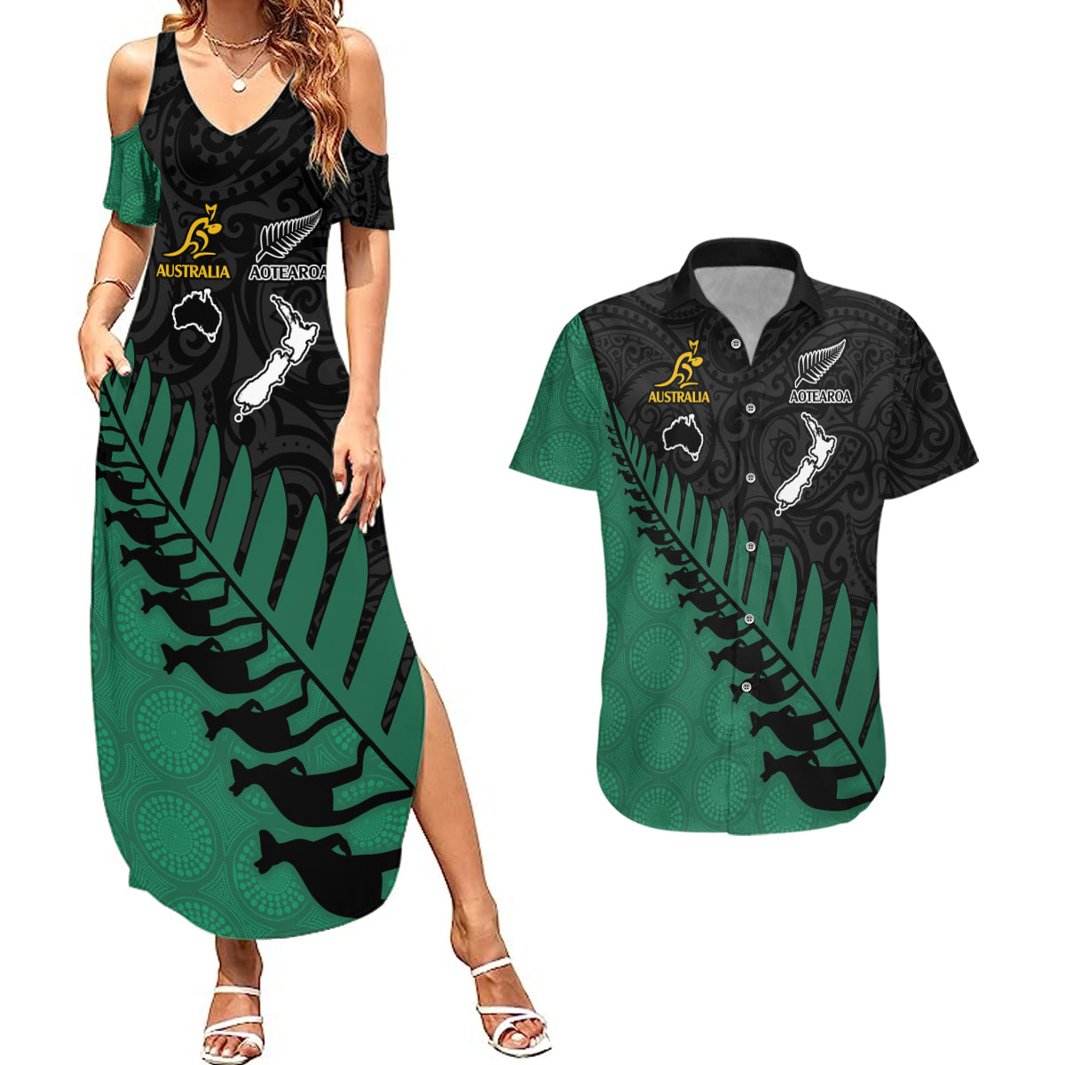 Australia Wallabies and Aotearoa Rugby Couples Matching Summer Maxi Dress and Hawaiian Shirt Kangaroo Black Fern Maori Green Vibe LT9 Green - Polynesian Pride