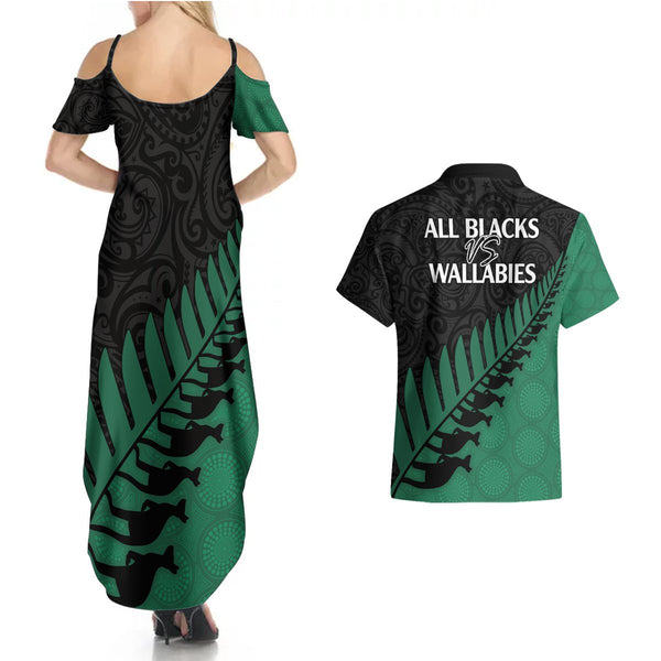 Australia Wallabies and Aotearoa Rugby Couples Matching Short Sleeve Bodycon Dress and Long Sleeve Button Shirts Kangaroo Black Fern Maori Gold Vibe LT9 main image 1