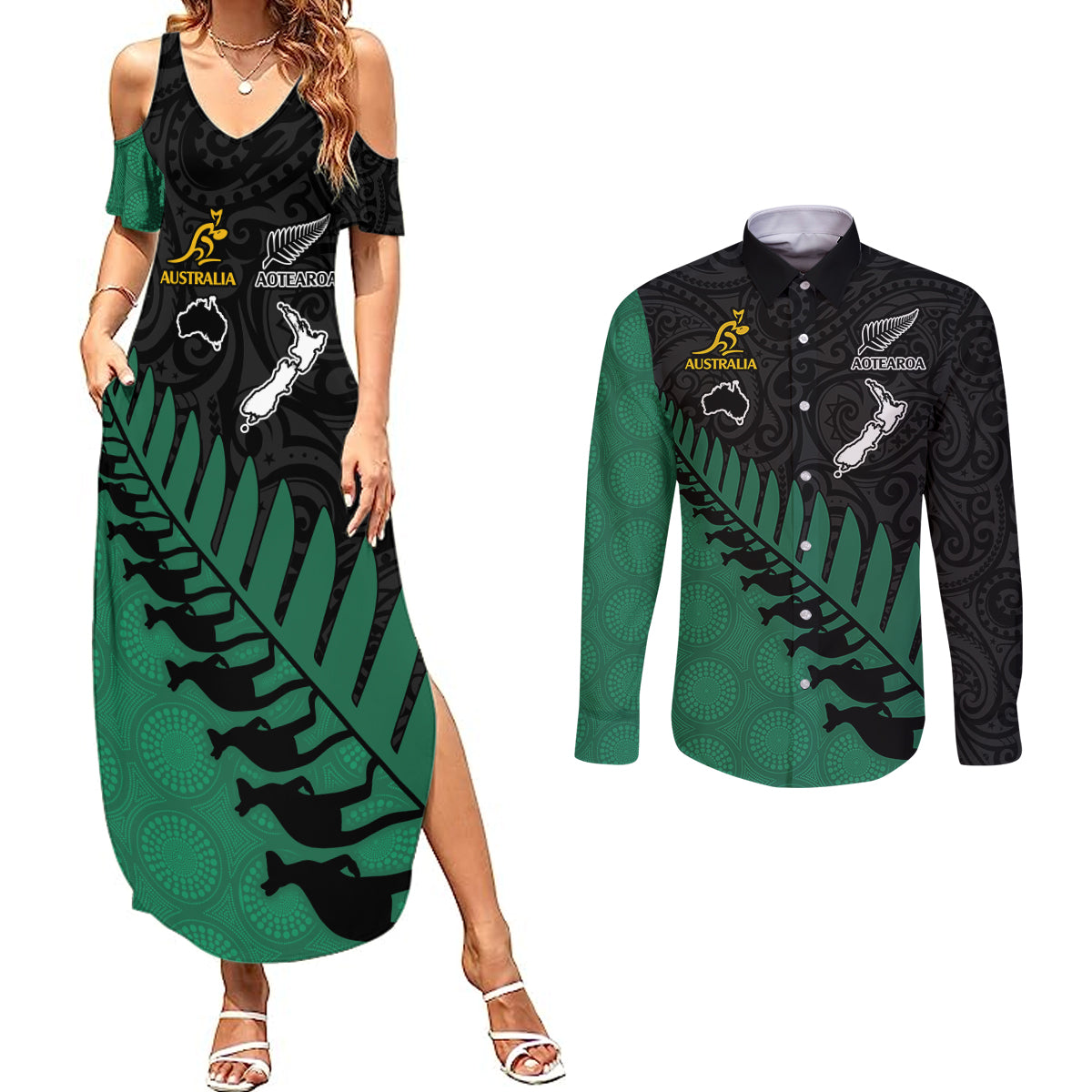 Australia Wallabies and Aotearoa Rugby Couples Matching Summer Maxi Dress and Long Sleeve Button Shirts Kangaroo Black Fern Maori Green Vibe LT9 Green - Polynesian Pride