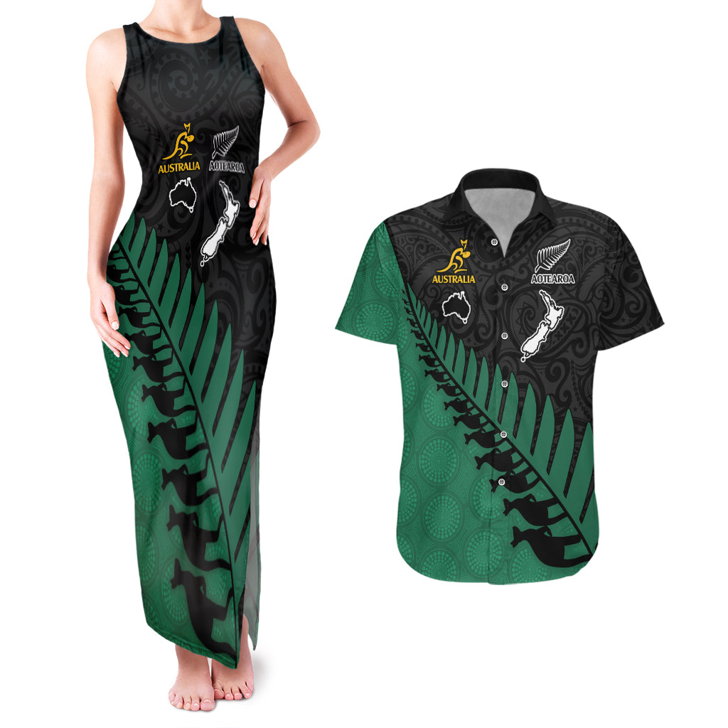 Australia Wallabies and Aotearoa Rugby Couples Matching Tank Maxi Dress And Hawaiian Shirt Kangaroo Black Fern Maori Green Vibe LT9 Green - Polynesian Pride