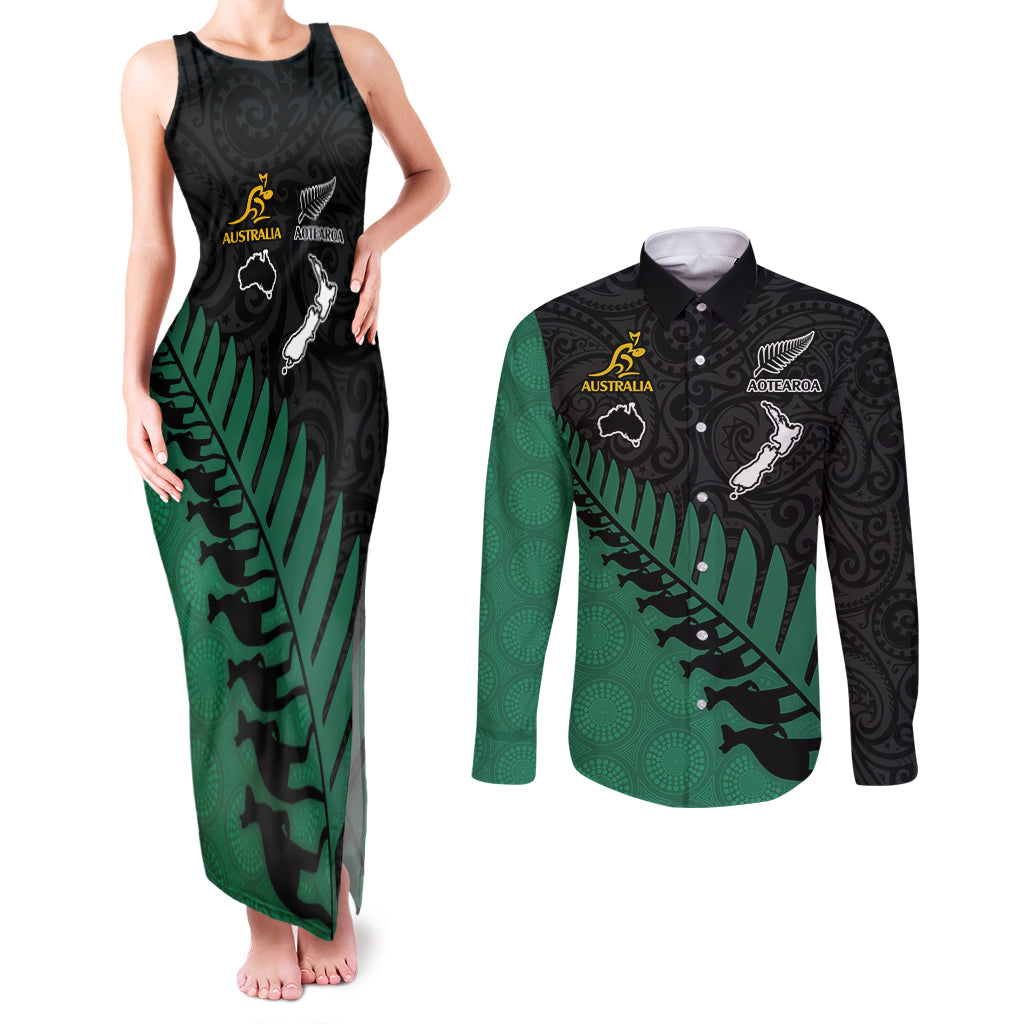 Australia Wallabies and Aotearoa Rugby Couples Matching Tank Maxi Dress and Long Sleeve Button Shirts Kangaroo Black Fern Maori Green Vibe LT9 Green - Polynesian Pride