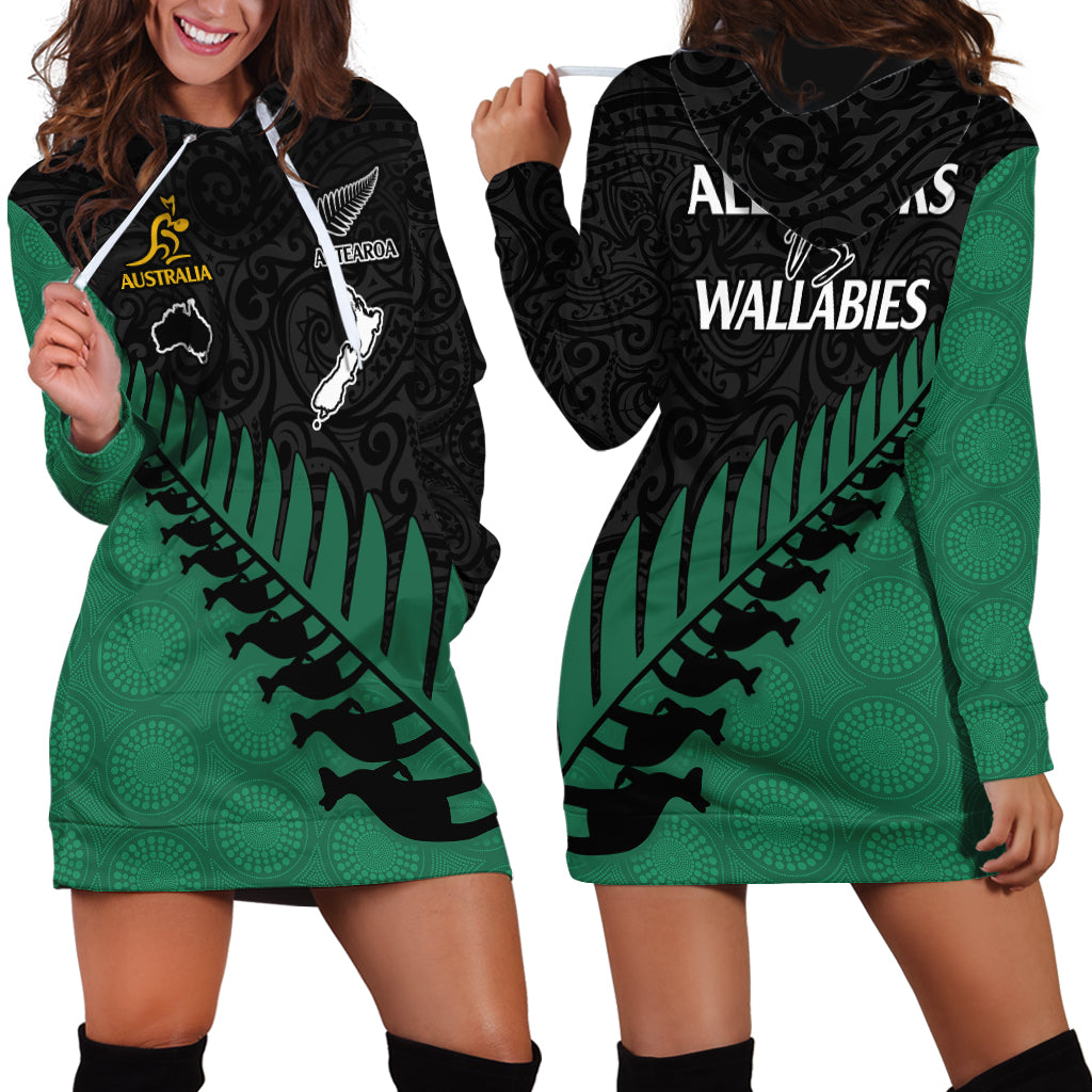 Australia Wallabies and Aotearoa Rugby Hoodie Dress Kangaroo Black Fern Maori Green Vibe LT9 - Polynesian Pride