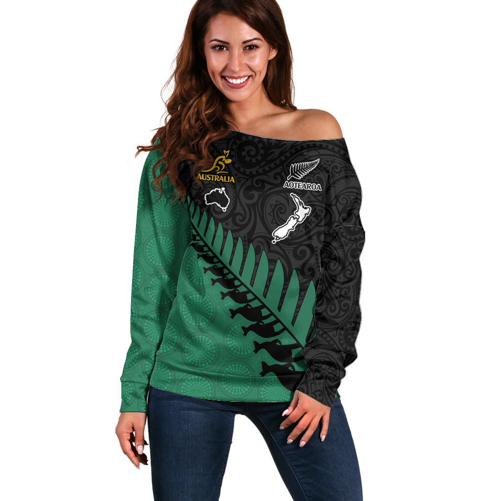 Australia Wallabies and Aotearoa Rugby Off Shoulder Sweater Kangaroo Black Fern Maori Green Vibe LT9 Women Green - Polynesian Pride