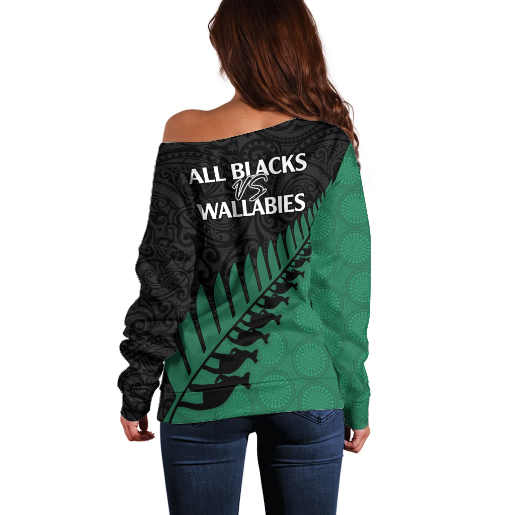 Australia Wallabies and Aotearoa Rugby Off Shoulder Sweater Kangaroo Black Fern Maori Green Vibe LT9 - Polynesian Pride