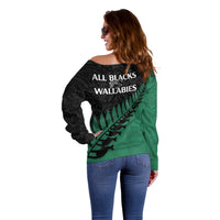 Australia Wallabies and Aotearoa Rugby Off Shoulder Sweater Kangaroo Black Fern Maori Green Vibe LT9 - Polynesian Pride