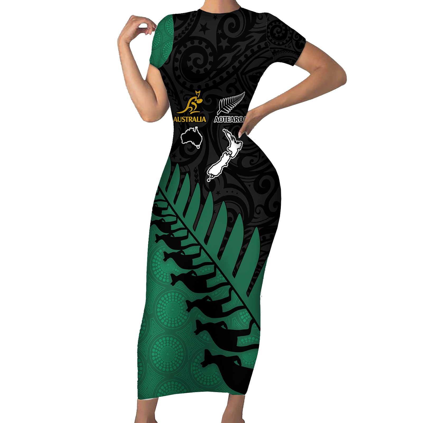 Australia Wallabies and Aotearoa Rugby Short Sleeve Bodycon Dress Kangaroo Black Fern Maori Green Vibe LT9 Long Dress Green - Polynesian Pride