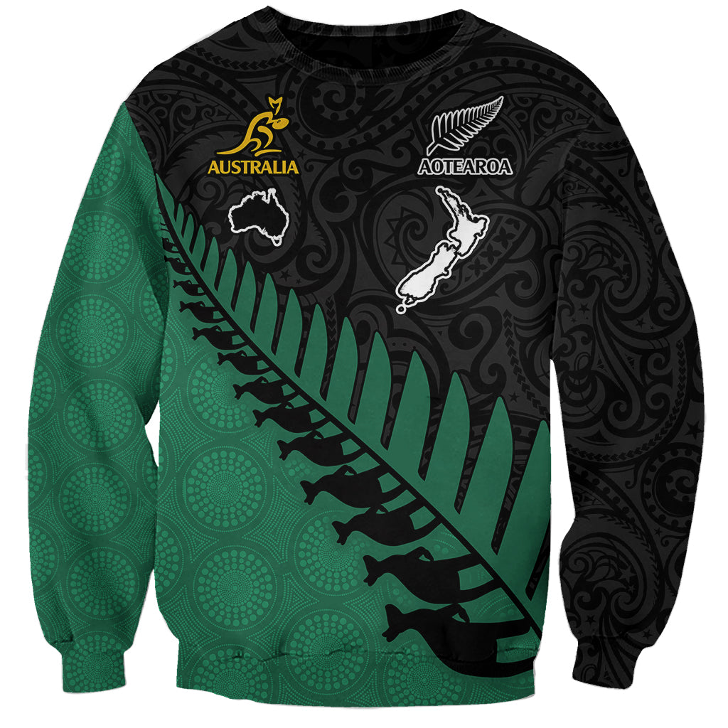 Australia Wallabies and Aotearoa Rugby Sweatshirt Kangaroo Black Fern Maori Green Vibe LT9 Unisex Green - Polynesian Pride