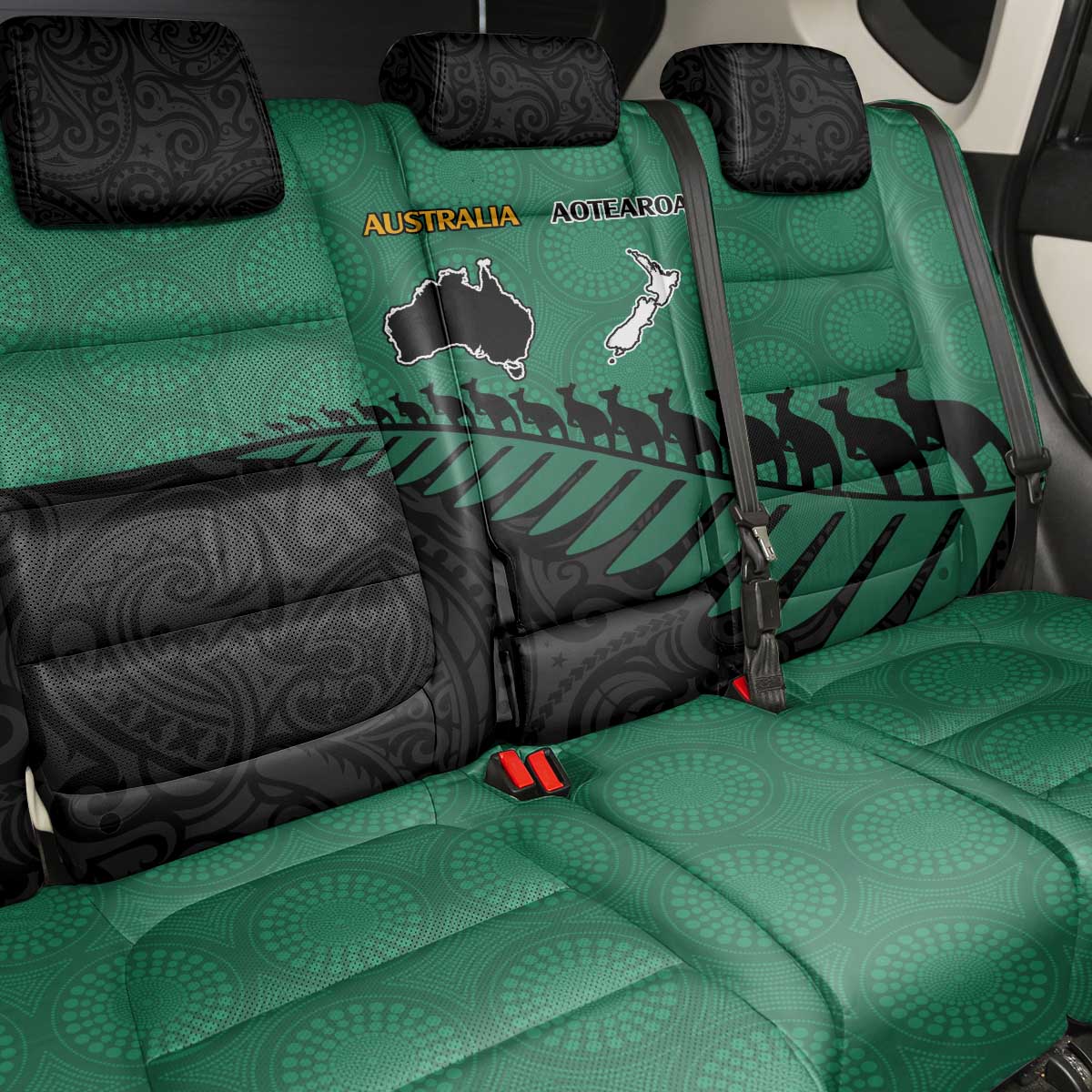 Australia New Zealand Rugby Back Car Seat Cover Green Aboriginal Wallabies and Maori Black Fern - Polynesian Pride