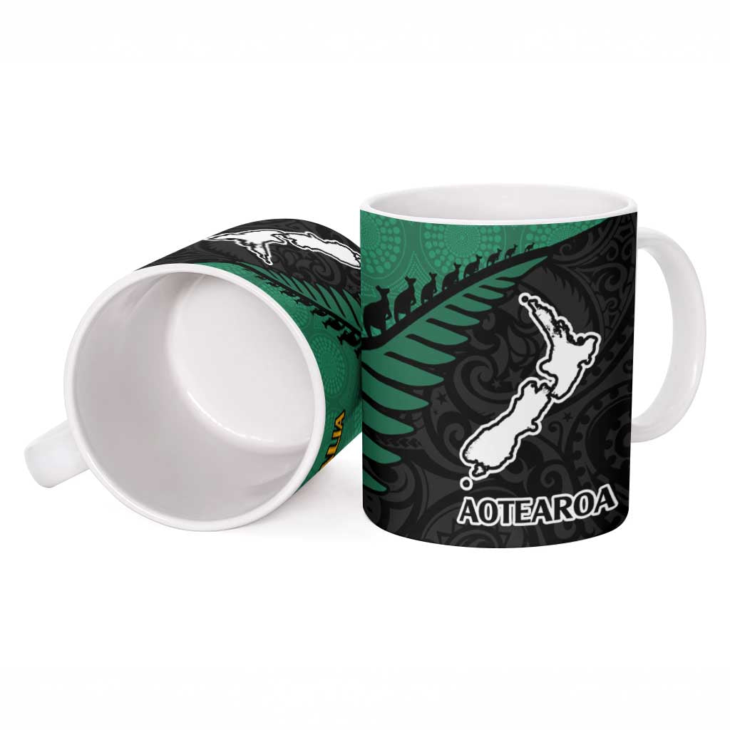 Australia New Zealand Rugby Ceramic Mug Green Aboriginal Wallabies and Maori Black Fern - Polynesian Pride