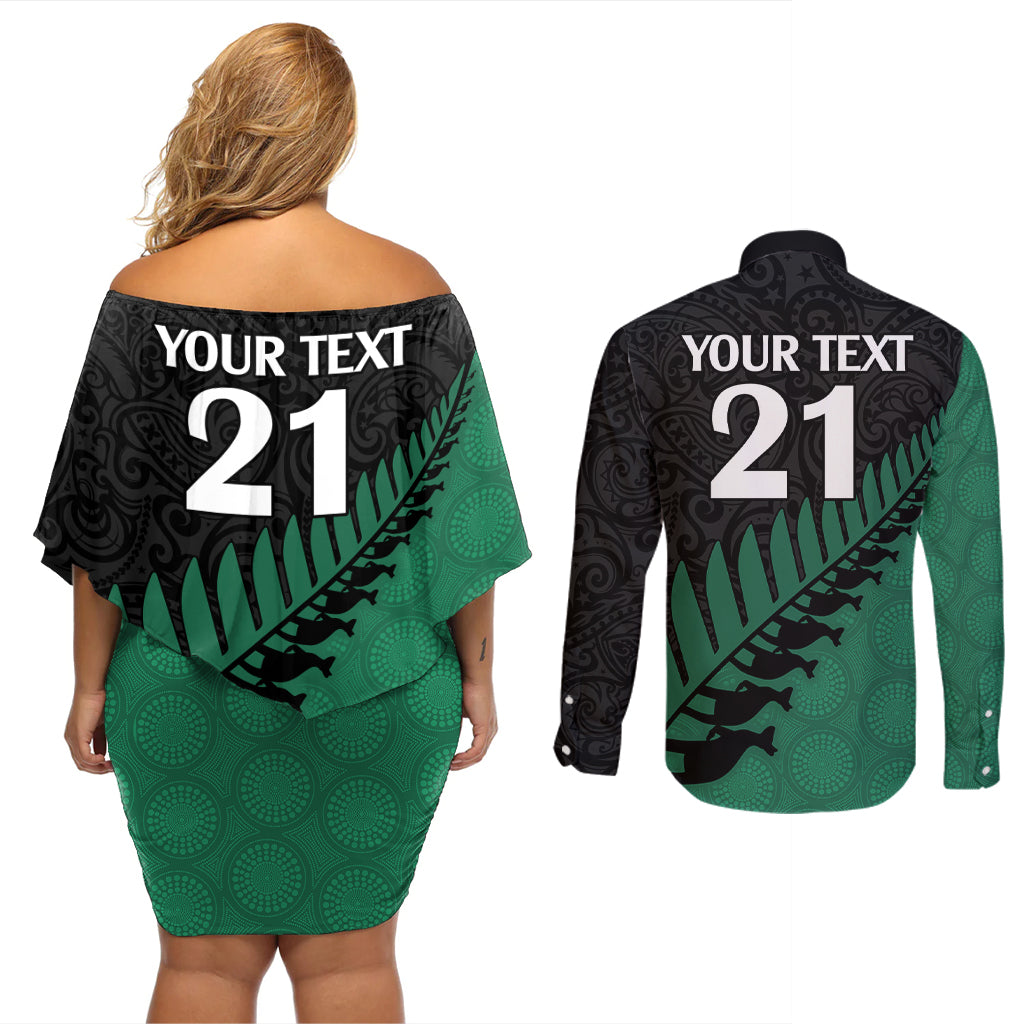 Custom Australia Wallabies and Aotearoa Rugby Couples Matching Off Shoulder Short Dress and Long Sleeve Button Shirts Kangaroo Black Fern Maori Green Vibe LT9 - Polynesian Pride