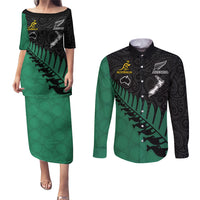 Custom Australia Wallabies and Aotearoa Rugby Couples Matching Puletasi Dress and Long Sleeve Button Shirts Kangaroo Black Fern Maori Green Vibe LT9 Green - Polynesian Pride