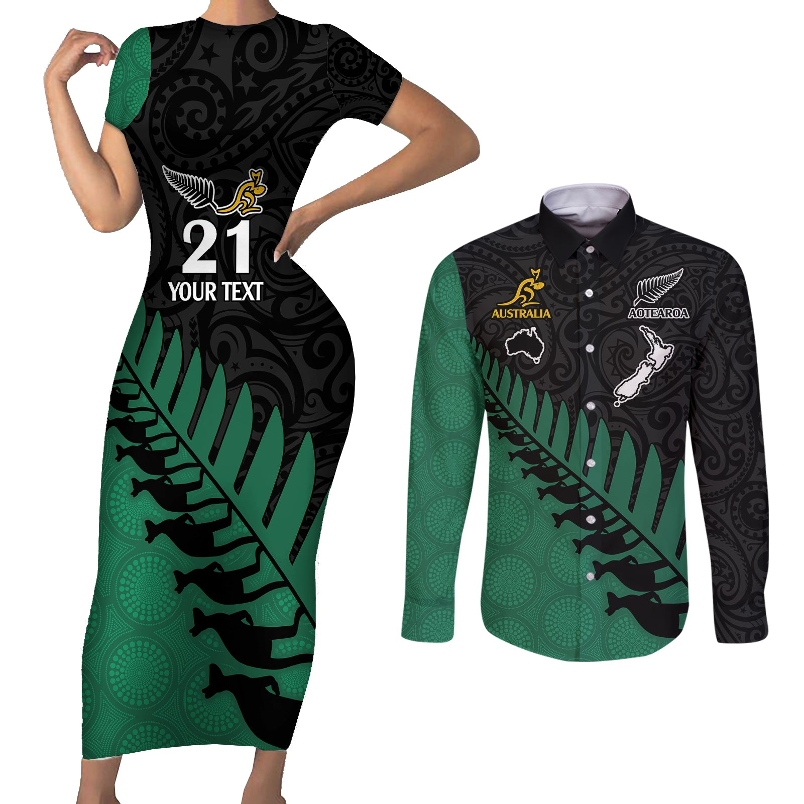 Custom Australia Wallabies and Aotearoa Rugby Couples Matching Short Sleeve Bodycon Dress and Long Sleeve Button Shirts Kangaroo Black Fern Maori Green Vibe LT9 Green - Polynesian Pride