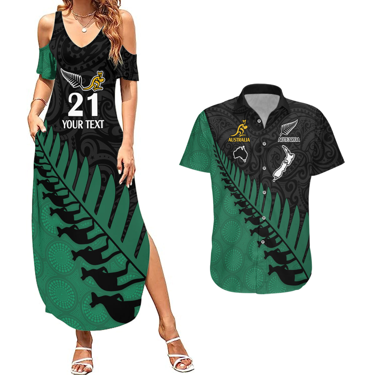 Custom Australia Wallabies and Aotearoa Rugby Couples Matching Summer Maxi Dress and Hawaiian Shirt Kangaroo Black Fern Maori Green Vibe LT9 Green - Polynesian Pride