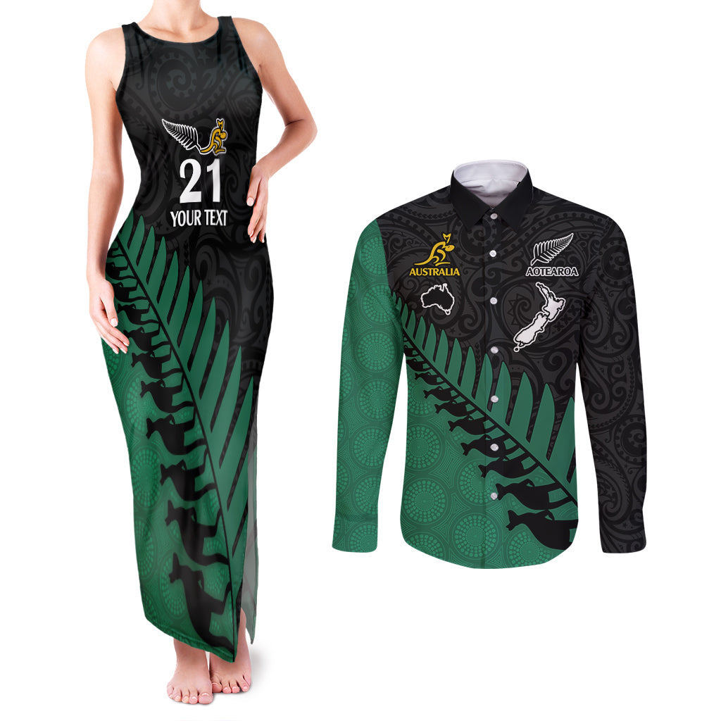Custom Australia Wallabies and Aotearoa Rugby Couples Matching Tank Maxi Dress and Long Sleeve Button Shirts Kangaroo Black Fern Maori Green Vibe LT9 Green - Polynesian Pride