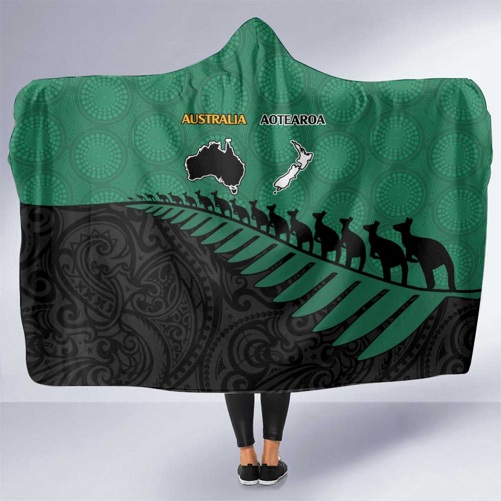 Australia New Zealand Rugby Hooded Blanket Green Aboriginal Wallabies and Maori Black Fern - Polynesian Pride