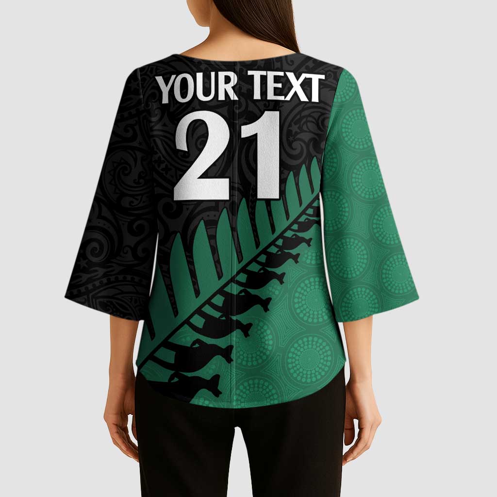 Australia New Zealand Rugby Kimono Sleeve Blouse Green Aboriginal Wallabies and Maori Black Fern - Polynesian Pride