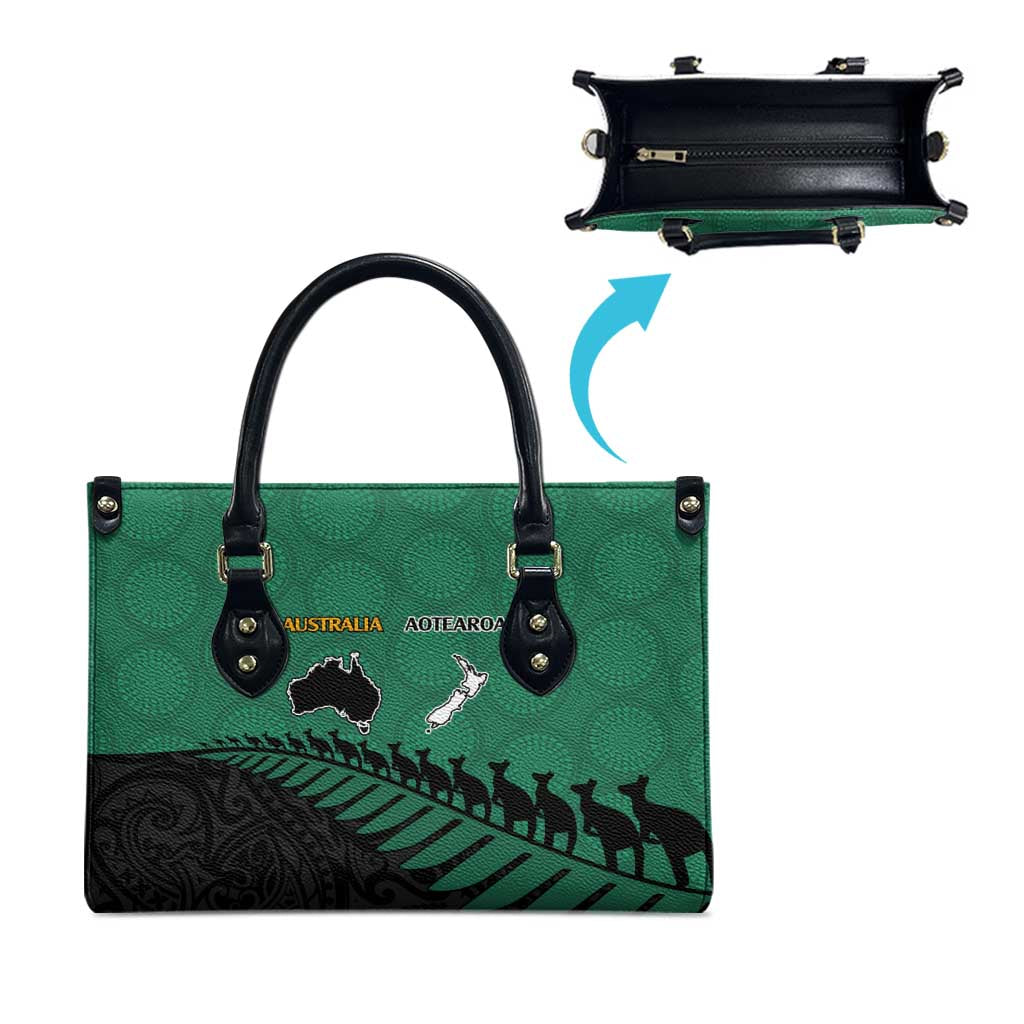 Australia New Zealand Rugby Leather Bag Green Aboriginal Wallabies and Maori Black Fern - Polynesian Pride