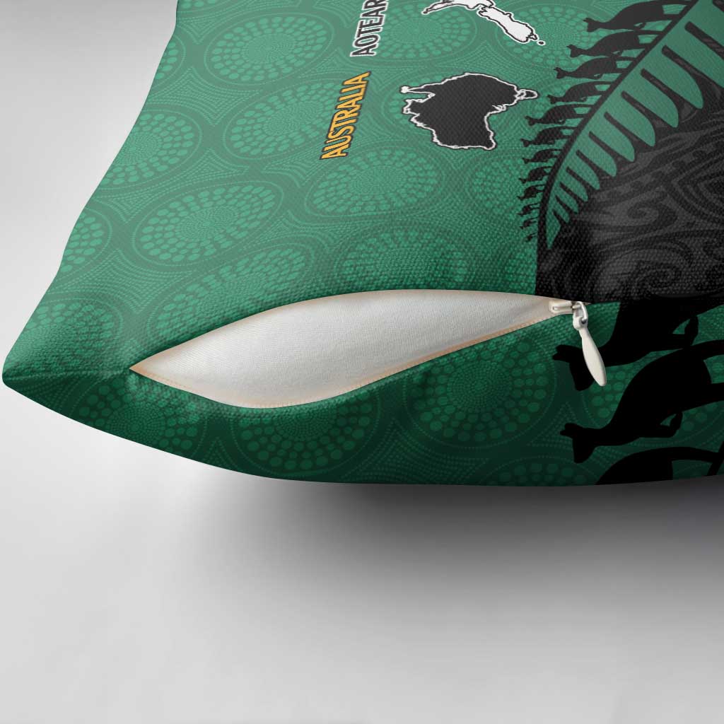 Australia New Zealand Rugby Pillow Cover Green Aboriginal Wallabies and Maori Black Fern - Polynesian Pride