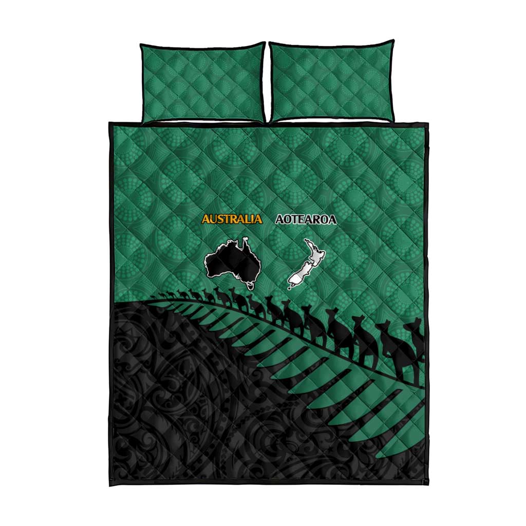 Australia New Zealand Rugby Quilt Bed Set Green Aboriginal Wallabies and Maori Black Fern - Polynesian Pride