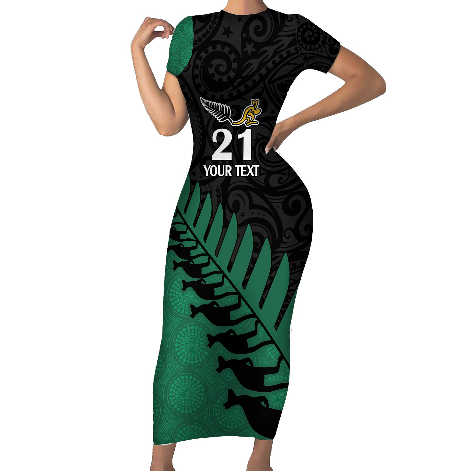 Custom Australia Wallabies and Aotearoa Rugby Short Sleeve Bodycon Dress Kangaroo Black Fern Maori Green Vibe LT9 Long Dress Green - Polynesian Pride