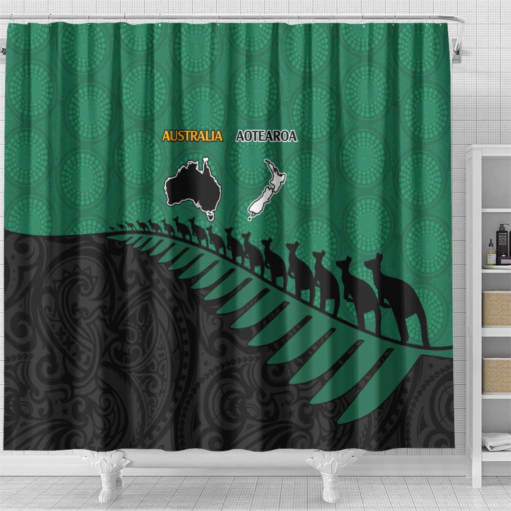 Australia New Zealand Rugby Shower Curtain Green Aboriginal Wallabies and Maori Black Fern - Polynesian Pride