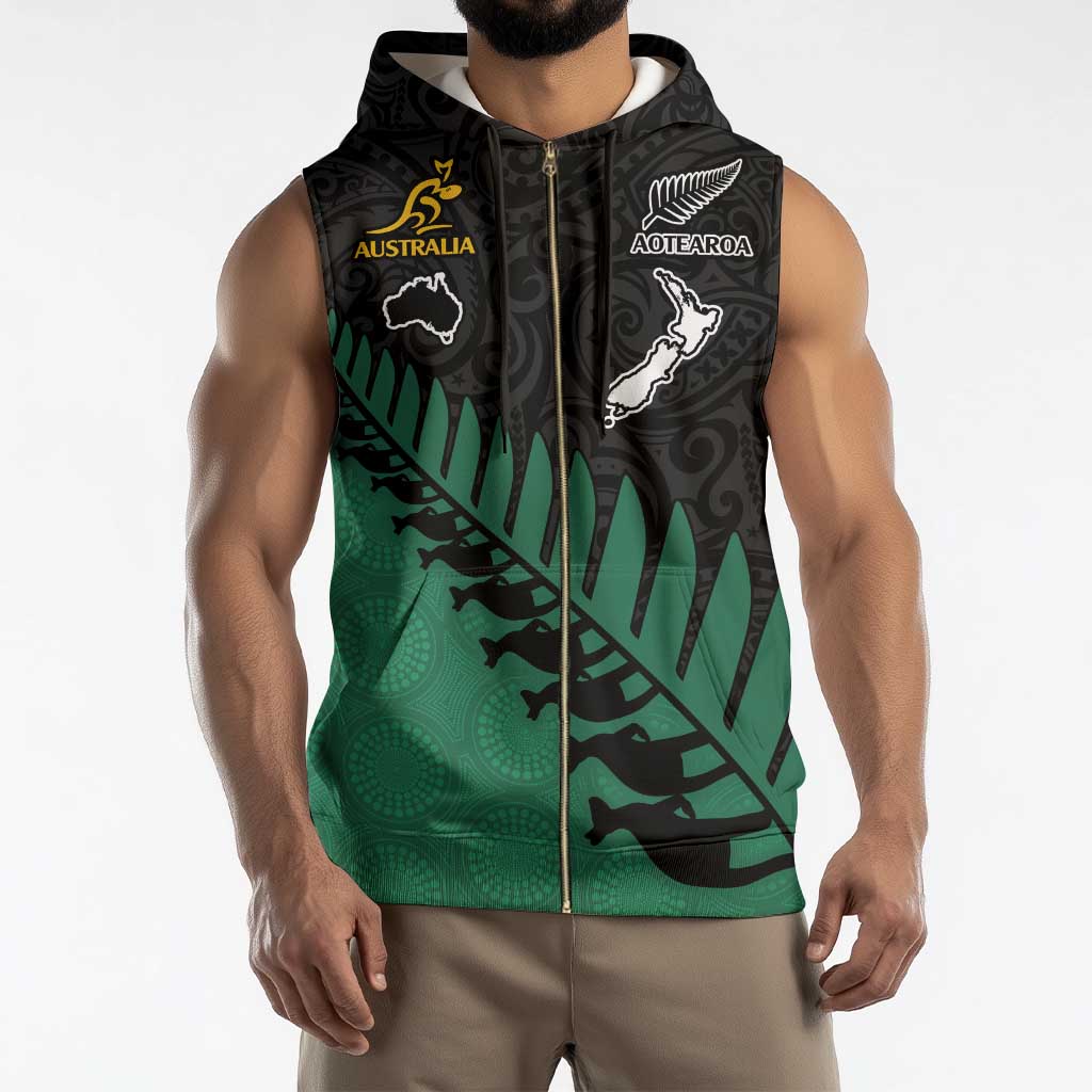Australia New Zealand Rugby Sleeveless Zip Hoodie Green Aboriginal Wallabies and Maori Black Fern - Polynesian Pride