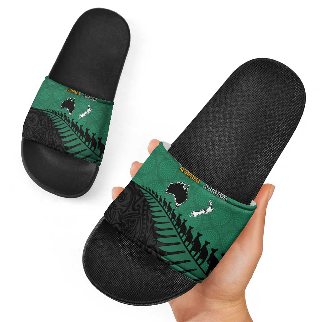 Australia New Zealand Rugby Slide Sandals Green Aboriginal Wallabies and Maori Black Fern - Polynesian Pride