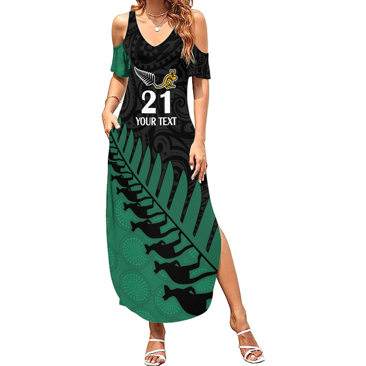 Custom Australia Wallabies and Aotearoa Rugby Summer Maxi Dress Kangaroo Black Fern Maori Green Vibe LT9 Women Green - Polynesian Pride