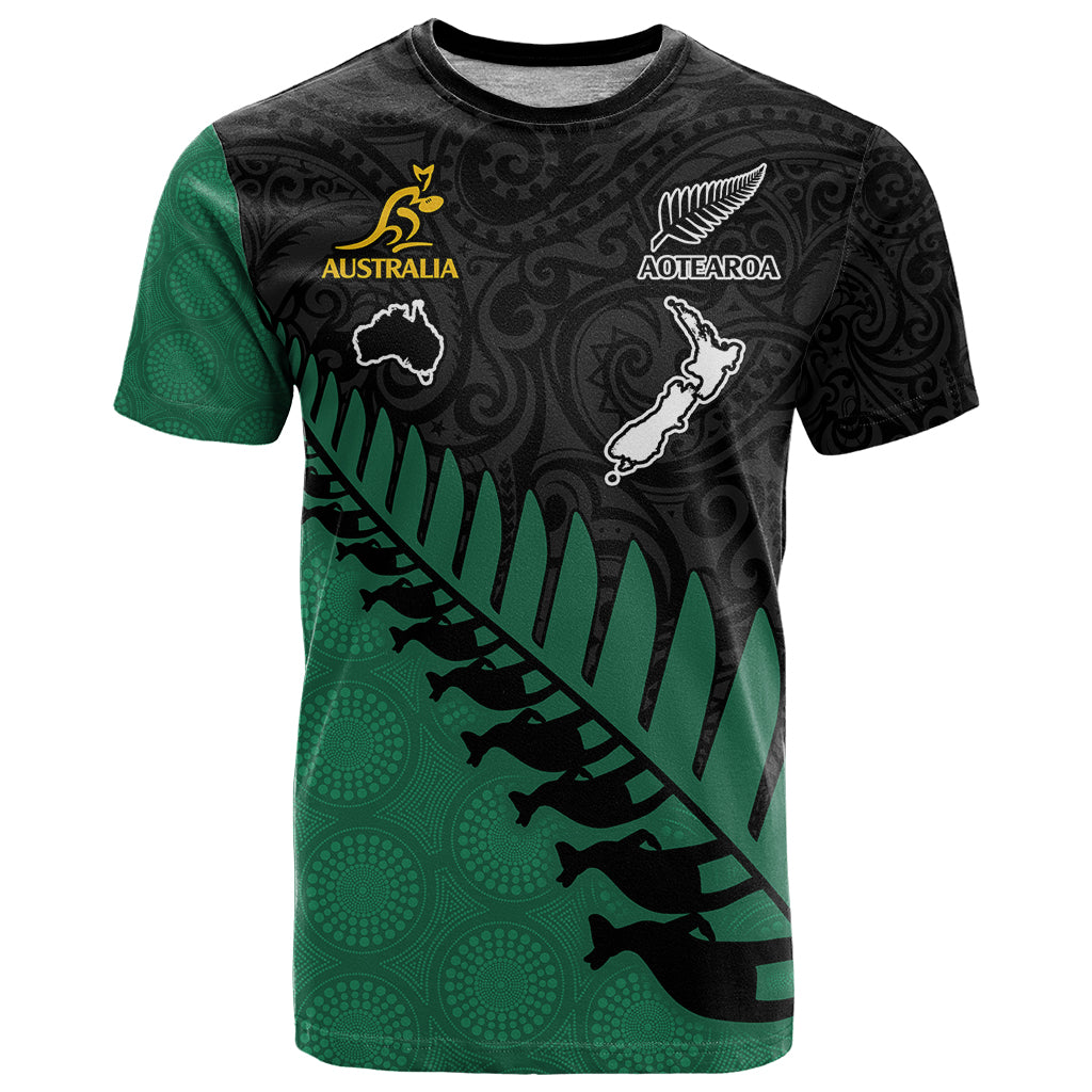 Custom Australia Wallabies and Aotearoa Rugby T Shirt Kangaroo Black Fern Maori Green Vibe LT9 Green - Polynesian Pride