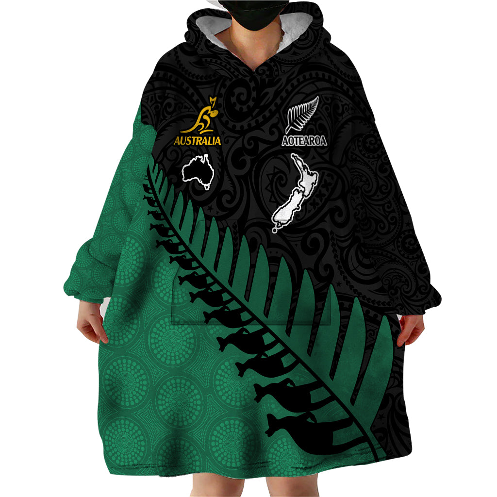 Custom Australia Wallabies and Aotearoa Rugby Wearable Blanket Hoodie Kangaroo Black Fern Maori Green Vibe LT9 - Polynesian Pride