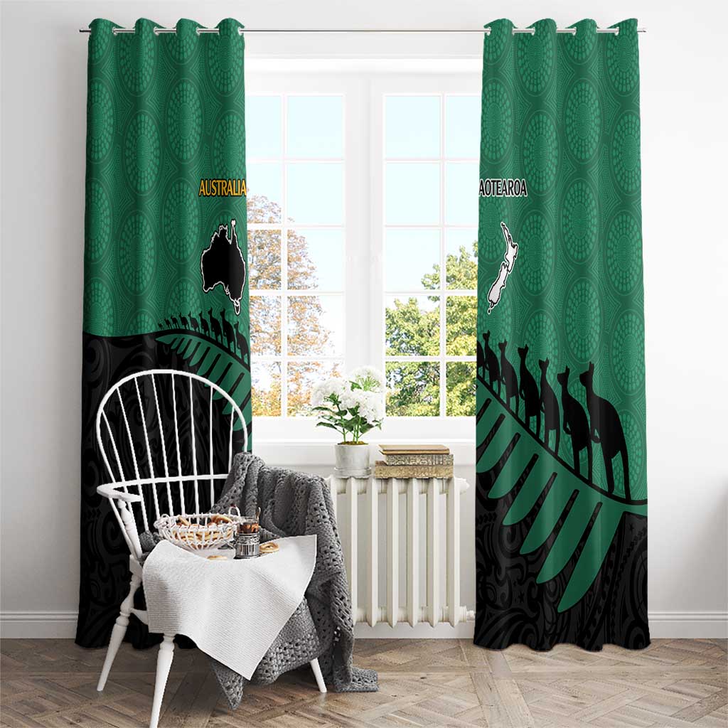Australia New Zealand Rugby Window Curtain Green Aboriginal Wallabies and Maori Black Fern - Polynesian Pride