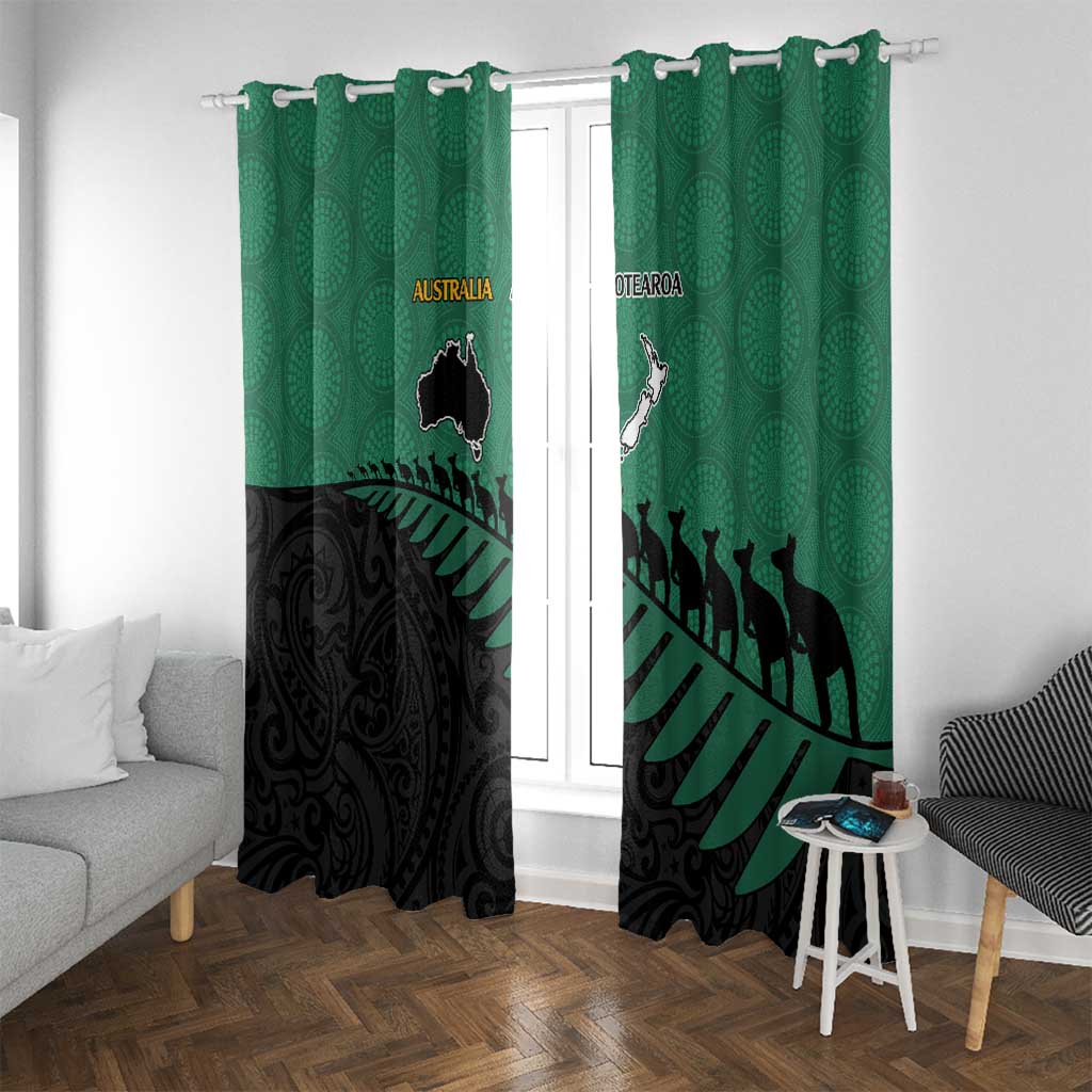 Australia New Zealand Rugby Window Curtain Green Aboriginal Wallabies and Maori Black Fern - Polynesian Pride