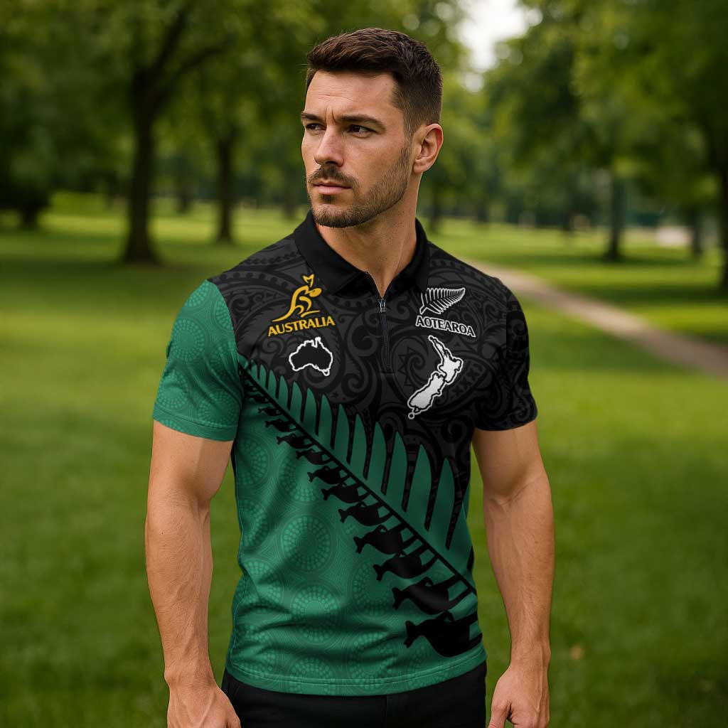 Australia New Zealand Rugby Zipper Polo Shirt Green Aboriginal Wallabies and Maori Black Fern - Polynesian Pride
